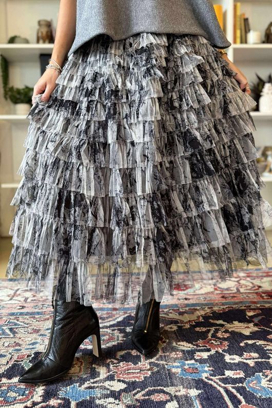 Ramone Marble Mesh Midaxi Skirt Black